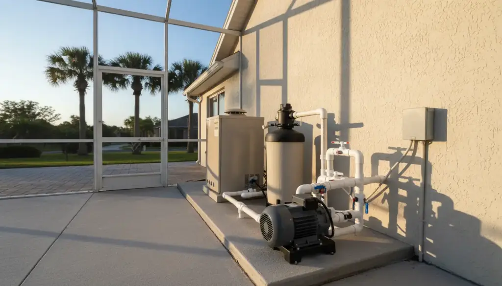 Pool equipment pad beside a Florida home with pump, cartridge filter, gas heater and PVC valves