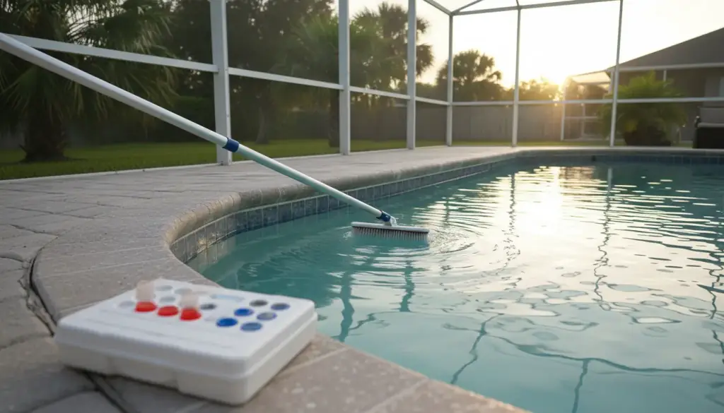 Wall brush on a telepole sweeping blue waterline tile, a water test kit on the coping
